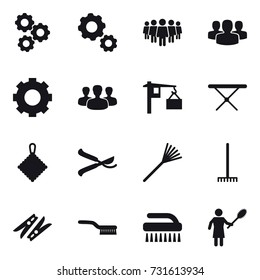 16 vector icon set : gear, team, group, iron board, rag, pruner, rake, clothespin, brush, woman with pipidaster
