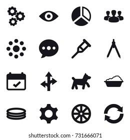 16 Vector Icon Set : Gear, Eye, Diagram, Group, Round Around, Ballon, Drawing Compass, Dog, Washing, Inflatable Pool, Wheel, Reload