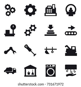 16 vector icon set : gear, cashbox, plow, harvester, trash truck, utility room, washing machine, hand dryer