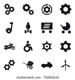 16 vector icon set : gear, around gear, segway, hoverboard, delivery, baby stroller, motorcycle, invalid, handwheel, wheelbarrow, pickup, windmill