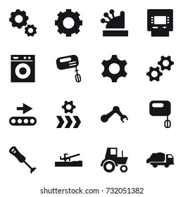 16 vector icon set : gear, cashbox, atm, washing machine, mixer, soil cutter, tractor, trash truck