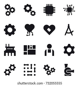 16 vector icon set : gear, chip, cardio chip, draw compass, factory, gears, water pump