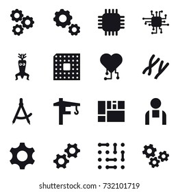 16 vector icon set : gear, chip, dna modify, cpu, cardio chip, draw compass, tower crane, gears