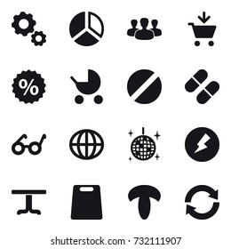 16 vector icon set : gear, diagram, group, add to cart, percent, baby stroller, globe, disco ball, electricity, table, cutting board, reload
