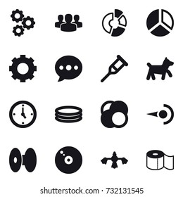 16 vector icon set : gear, group, circle diagram, diagram, ballon, dog, watch, inflatable pool, hard reach place cleaning, toilet paper