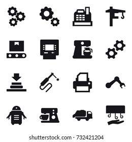 16 vector icon set : gear, cashbox, tower crane, atm, coffee maker, trash truck, hand dryer