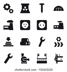 16 vector icon set : gear, nuclear power, nail, hangare, factory, power socket, wrench, water pump, skyscapers cleaning, skyscrapers cleaning