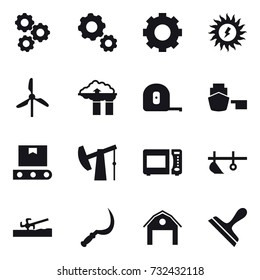 16 vector icon set : gear, sun power, windmill, factory filter, measuring tape, plow, soil cutter, sickle, barn, scraper