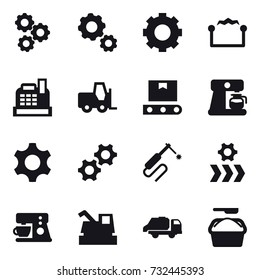 16 vector icon set : gear, electrostatic, cashbox, coffee maker, harvester, trash truck, washing powder