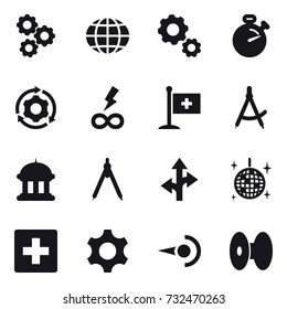 16 vector icon set : gear, globe, stopwatch, around gear, infinity power, draw compass, goverment house, drawing compass, disco ball, first aid