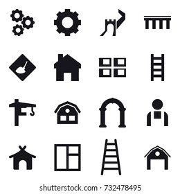 16 vector icon set : gear, greate wall, bridge, under construction, home, panel house, stairs, tower crane, house, arch, bungalow, window, barn