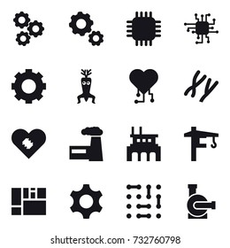 16 vector icon set : gear, chip, dna modify, cardio chip, factory, tower crane, water pump