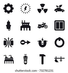 16 vector icon set : gear, lightning, nuclear, eco car, spark plug, factory, motorcycle, power switch, plow