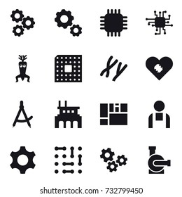 16 vector icon set : gear, chip, dna modify, cpu, draw compass, factory, gears, water pump