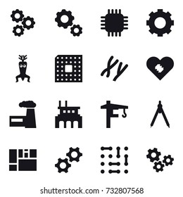 16 vector icon set : gear, chip, dna modify, cpu, factory, tower crane, drawing compass, gears