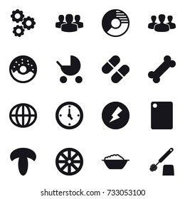 16 vector icon set : gear, group, circle diagram, donut, baby stroller, globe, watch, electricity, cutting board, wheel, foam basin, toilet brush