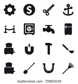 16 vector icon set : gear, dollar coin, vip fence, safe, water tap, fridge, toaster, ladle, shovel, horseshoe, rake