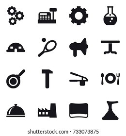 16 vector icon set : gear, cashbox, round flask, dome house, tennis, loudspeaker, table, pan, garlic clasp, factory, sponge, plunger