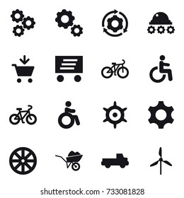 16 vector icon set : gear, around gear, lunar rover, add to cart, delivery, bike, invalid, handwheel, wheel, wheelbarrow, pickup, windmill