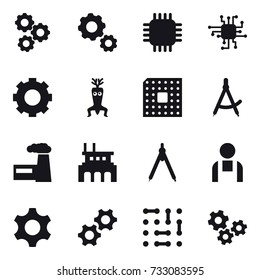 16 vector icon set : gear, chip, dna modify, cpu, draw compass, factory, drawing compass, gears