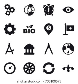 16 Vector Icon Set : Gear, Circle Diagram, Alarm Clock, Eye, Bio, Dollar Pin, Draw Compass, Goverment House, Drawing Compass, Earth, Barometer, Wheel, Reload, Hard Reach Place Cleaning