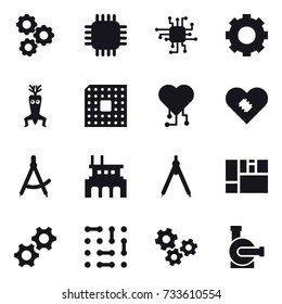 16 vector icon set : gear, chip, dna modify, cpu, cardio chip, draw compass, factory, drawing compass, gears, water pump