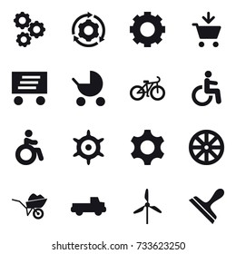 16 vector icon set : gear, around gear, add to cart, delivery, baby stroller, bike, invalid, handwheel, wheel, wheelbarrow, pickup, windmill, scraper
