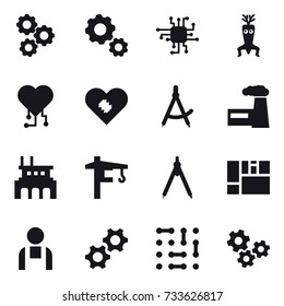 16 vector icon set : gear, chip, dna modify, cardio chip, draw compass, factory, tower crane, drawing compass, gears