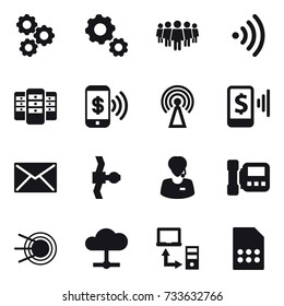 16 vector icon set : gear, team, wireless, server, phone pay, antenna, mobile pay, mail, intercome