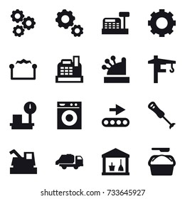 16 vector icon set : gear, cashbox, electrostatic, tower crane, washing machine, harvester, trash truck, utility room, washing powder
