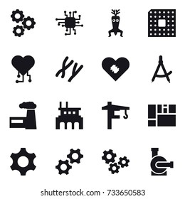 16 vector icon set : gear, chip, dna modify, cpu, cardio chip, draw compass, factory, tower crane, gears, water pump