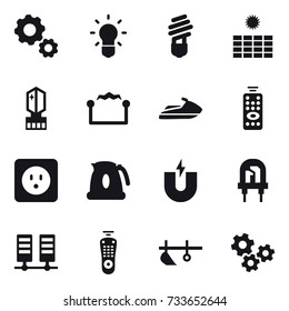 16 vector icon set : gear, bulb, sun power, crystall  memory, electrostatic, jet ski, remote control, power socket, kettle, plow, gears