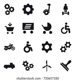 16 vector icon set : gear, segway, hoverboard, add to cart, delivery, baby stroller, motorcycle, invalid, pickup, gears, windmill, scraper