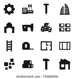 16 vector icon set : gear, store, nail, skyscraper, minaret, slum, modern architecture, panel house, stairs, measuring tape, plan, window, house