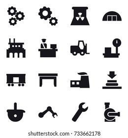 16 vector icon set : gear, nuclear power, hangare, factory, table, wrench, water pump