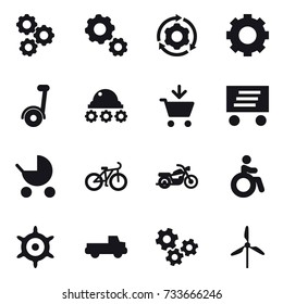 16 vector icon set : gear, around gear, segway, lunar rover, add to cart, delivery, baby stroller, bike, motorcycle, invalid, handwheel, pickup, gears, windmill