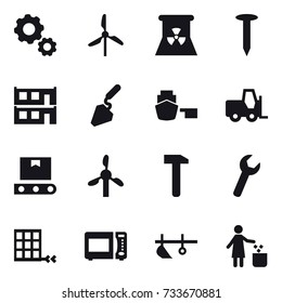 16 vector icon set : gear, windmill, nuclear power, nail, modular house, construction, plow, garbage bin