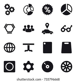 16 vector icon set : gear, circle diagram, percent, diagram, hex molecule, group, car pointer, globe, table, cutting board, ring button, wheel