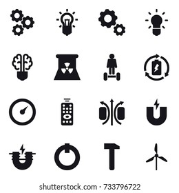 16 vector icon set : gear, bulb, bulb brain, nuclear power, hoverboard, battery charge, barometer, remote control, windmill