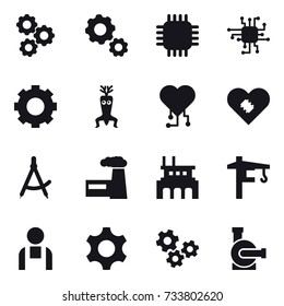 16 vector icon set : gear, chip, dna modify, cardio chip, draw compass, factory, tower crane, gears, water pump