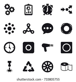 16 vector icon set : gear, report, alarm clock, core splitting, round around, spinner, ballon, lifebuoy, watch, ring button, hair dryer, wheel, toilet paper
