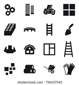 16 vector icon set : gear, skyscrapers, modern architecture, window, brick, bridge, stairs, construction, building helmet, house, wheelbarrow, gloves