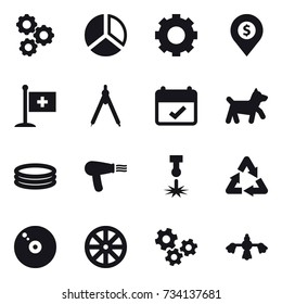 16 Vector Icon Set : Gear, Diagram, Dollar Pin, Drawing Compass, Dog, Inflatable Pool, Hair Dryer, Wheel, Gears, Hard Reach Place Cleaning