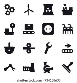 16 vector icon set : gear, windmill, nuclear power, power socket, factory, water pump, scraper