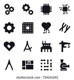 16 vector icon set : gear, chip, cpu, cardio chip, draw compass, factory, tower crane, drawing compass, water pump