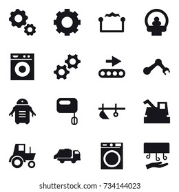 16 vector icon set : gear, electrostatic, washing machine, plow, harvester, tractor, trash truck, hand dryer