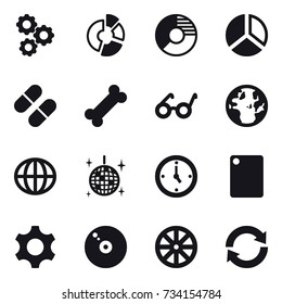 16 vector icon set : gear, circle diagram, diagram, globe, disco ball, watch, cutting board, wheel, reload