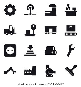16 vector icon set : gear, laser, factory, power socket, water pump, scraper