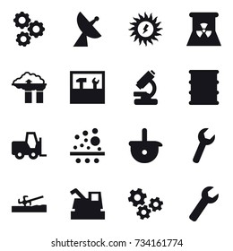 16 vector icon set : gear, satellite antenna, sun power, nuclear power, factory filter, tools, soil cutter, harvester, gears, wrench