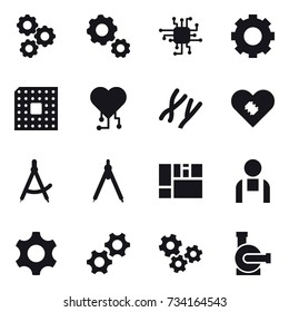 16 vector icon set : gear, chip, cpu, cardio chip, draw compass, drawing compass, gears, water pump